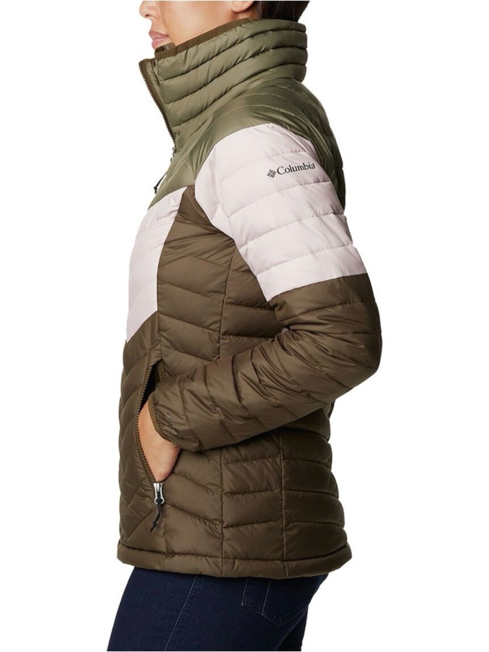Columbia Colorblock Puff Jacket in Pink, Brown & Olive